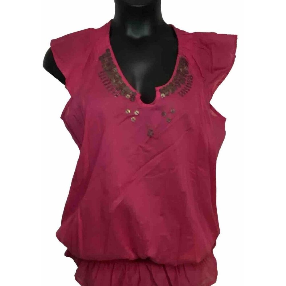 New Recruit Pink Size L Cap Sleeve 100% Cotton Blouse Brass Metal Disc Yoke Beac